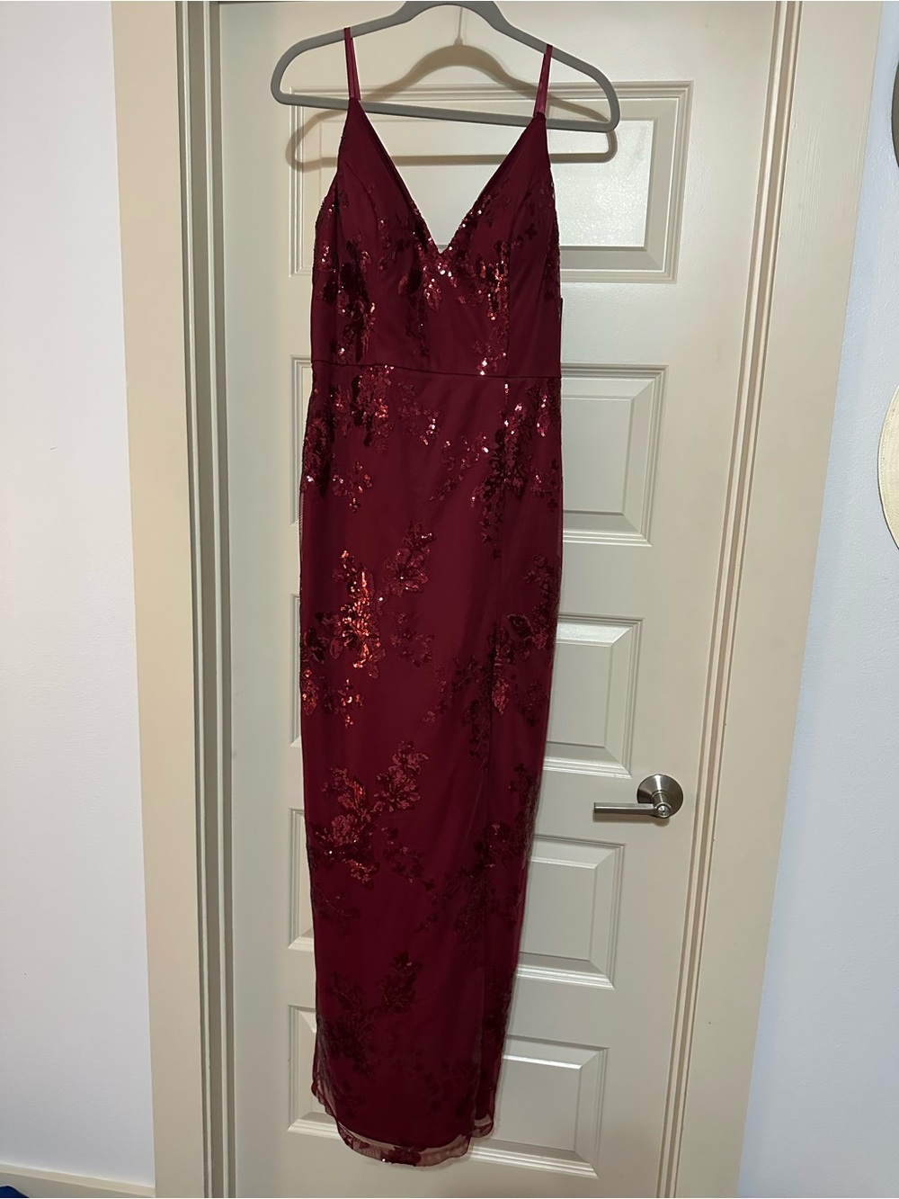 A. Byer Burgundy Sequin Embellished Spaghetti Strap Gown